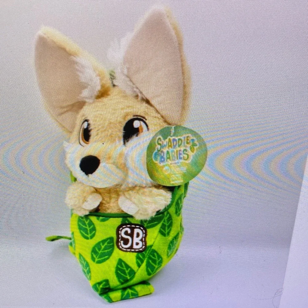 Tan Fennec Fox in Green Leaf Pouch Plush